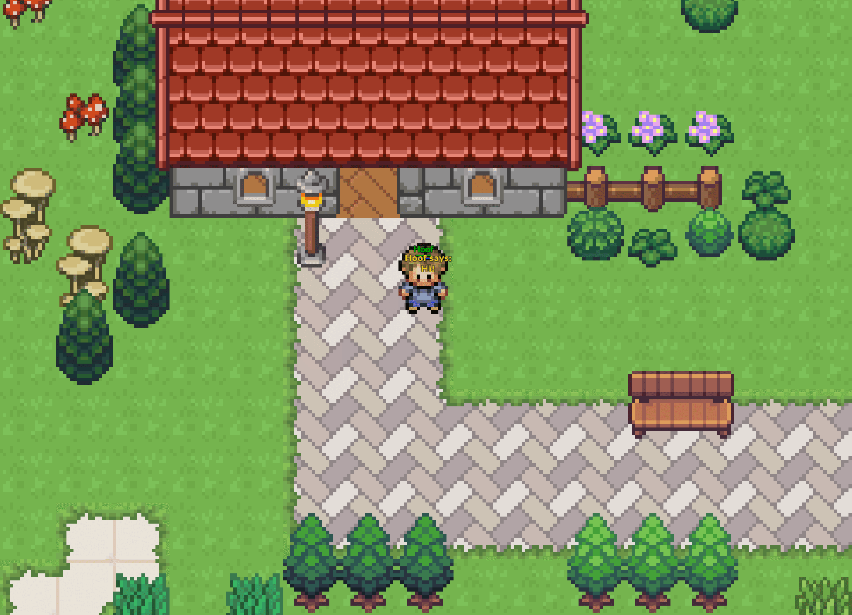 Player's character chatting in front of a pixel art brick house
