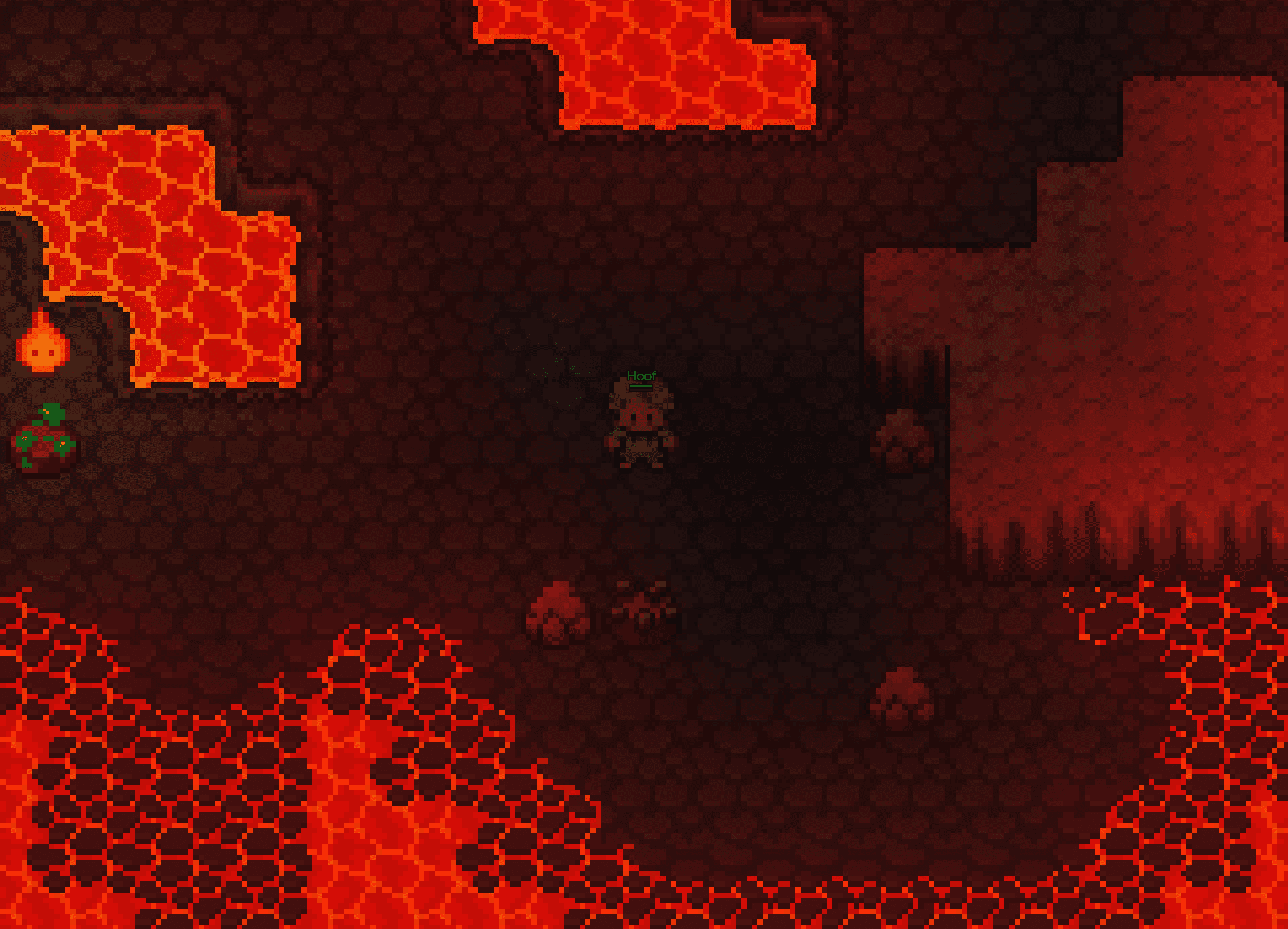 Player's character exploring a dark pixel art lava cave