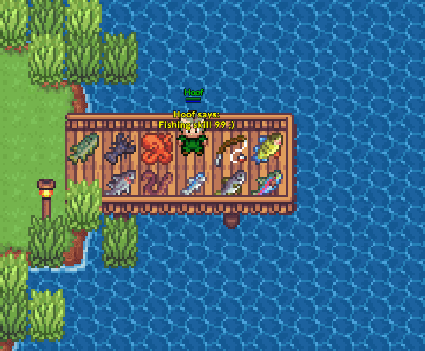 Player fishing on a dock