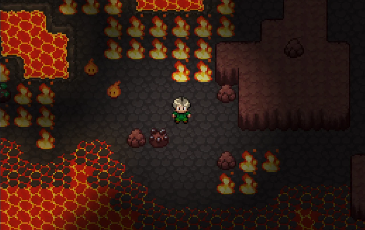 A character exploring a cave surrounded by lava and flickering flames in Eldria